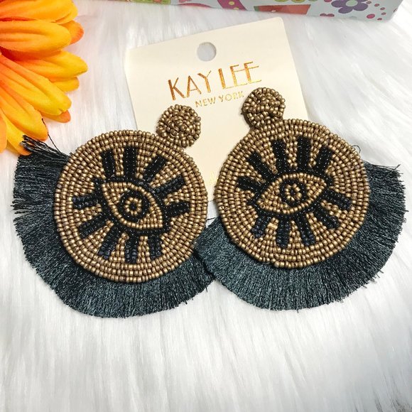 Boho Earrings Fringe Eye Seed Bead Large Post Drop - Picture 2 of 5